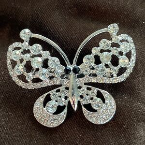 Butterfly Brooch with Rhinestones - Silver Tone